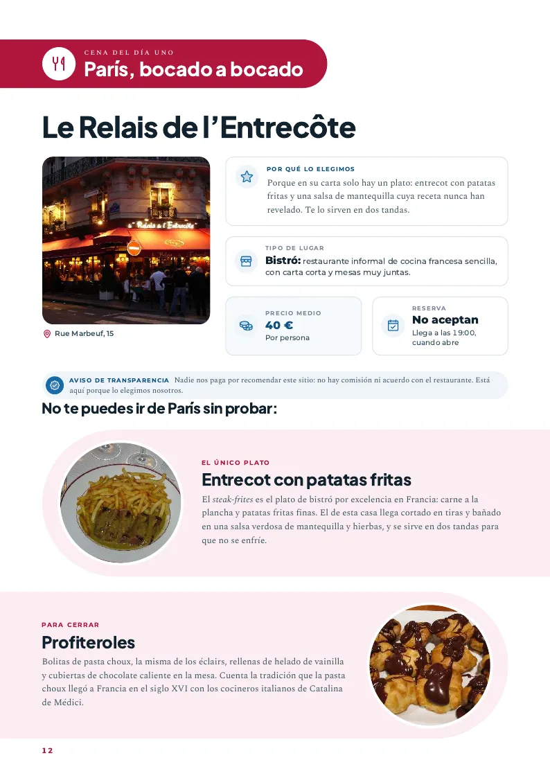 Página del restaurante Le Relais de l’Entrecôte: por qué lo elegimos y qué pedir