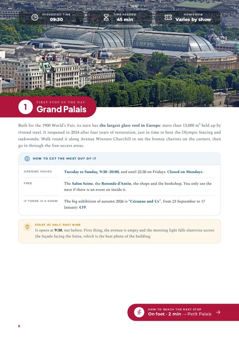 Grand Palais page: suggested time, time needed and admission
